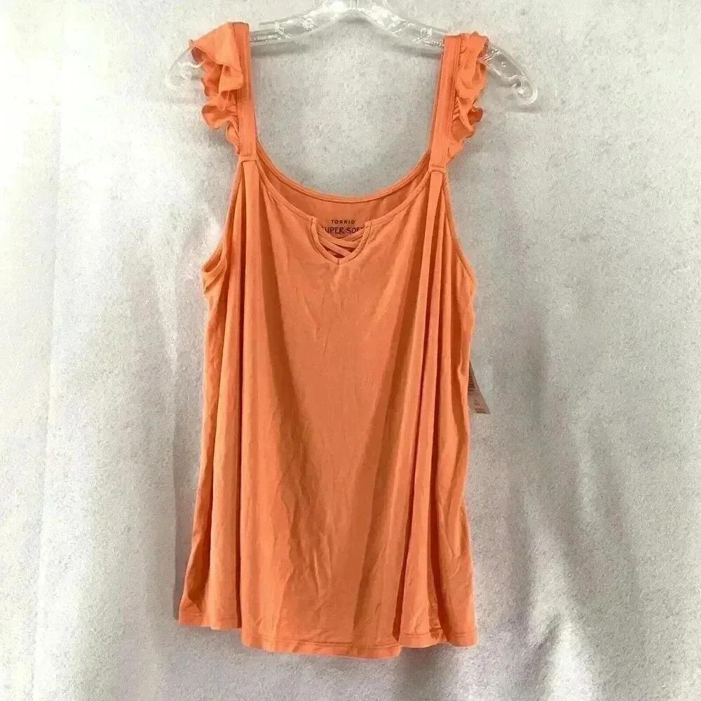 NWT Torrid Super Soft V-Neck Lace-Up Ruffle Tank Top Coral Orange Size 1 (14/16)